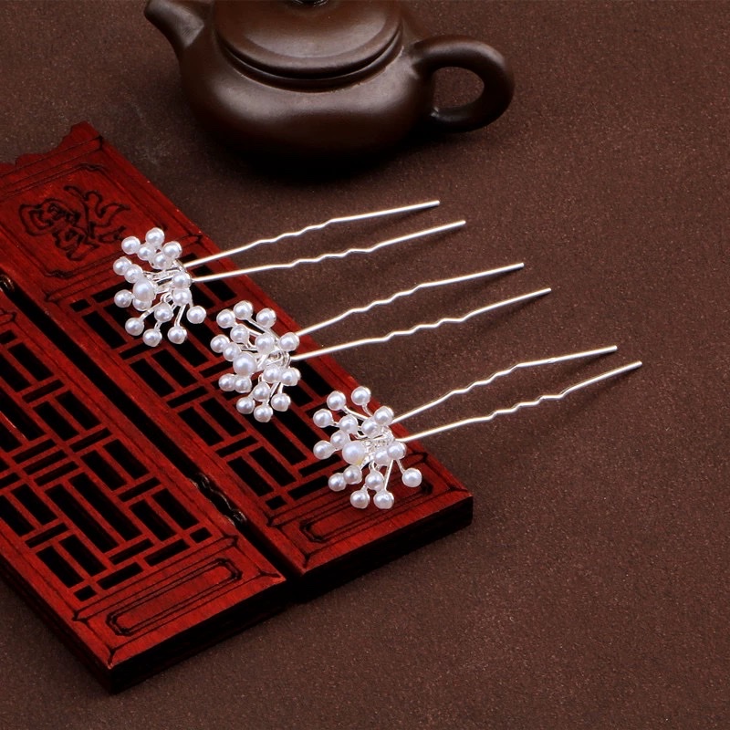 古风盘头发钗小花满天星珍珠水钻汉服头饰古装发型盘发U型夹详情图5