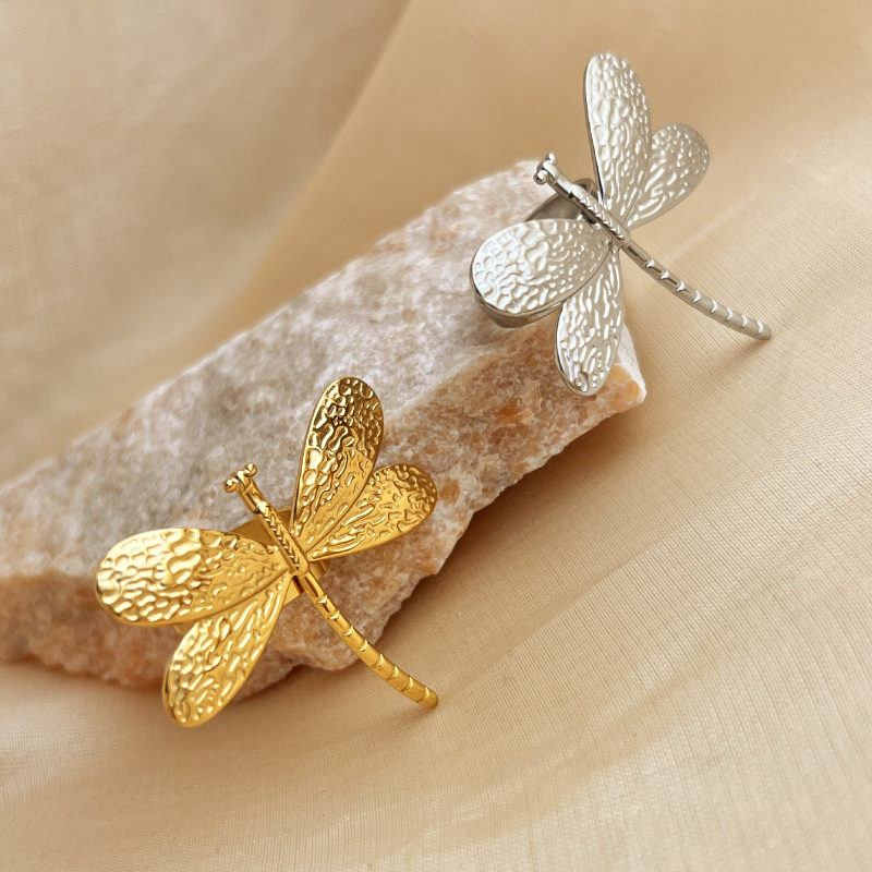 新款蜻蜓戒指不锈钢电镀14K金开口戒指男女情侣时尚ins指环戒指