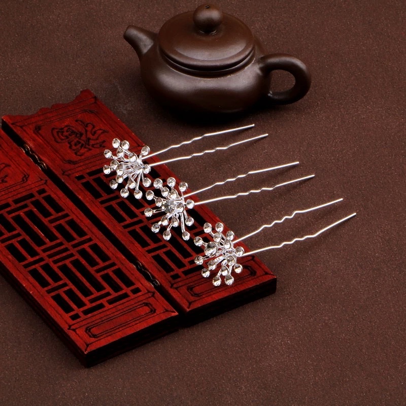 古风盘头发钗小花满天星珍珠水钻汉服头饰古装发型盘发U型夹详情图4