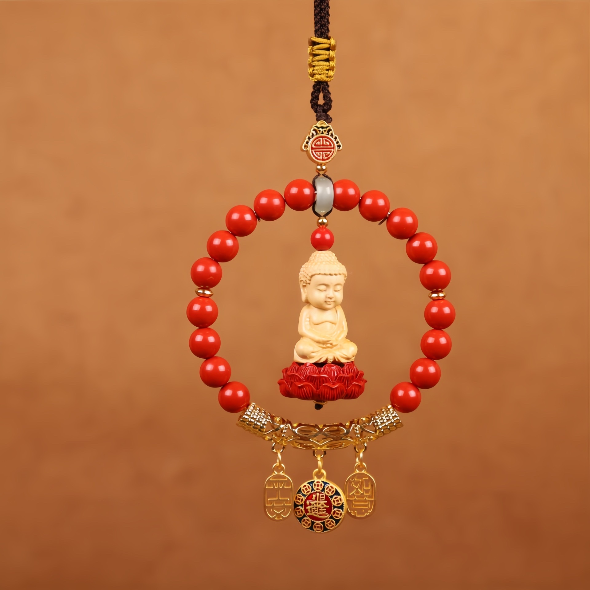National trend Buddha Blessing Peace Cinnabar Lotus car pendant, Baby Buddha interior hanging decoration, car rearview mirror, high-end men's and women's gift cinnabar details Picture