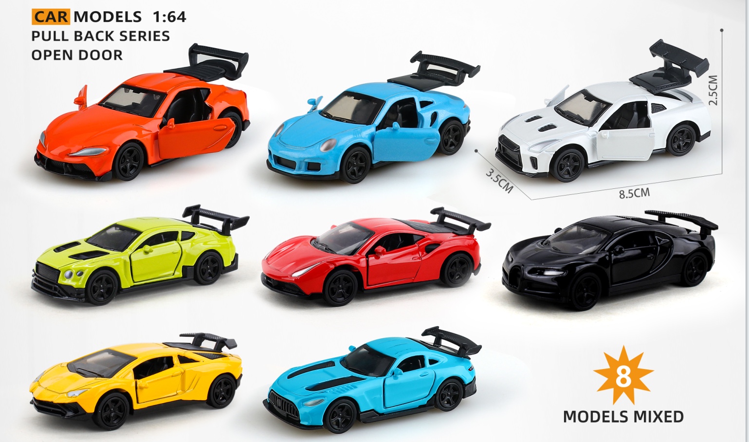 2024年新款，1:64条装合金车，8款混装，可三开门，带回力功能，按件批发详情图2