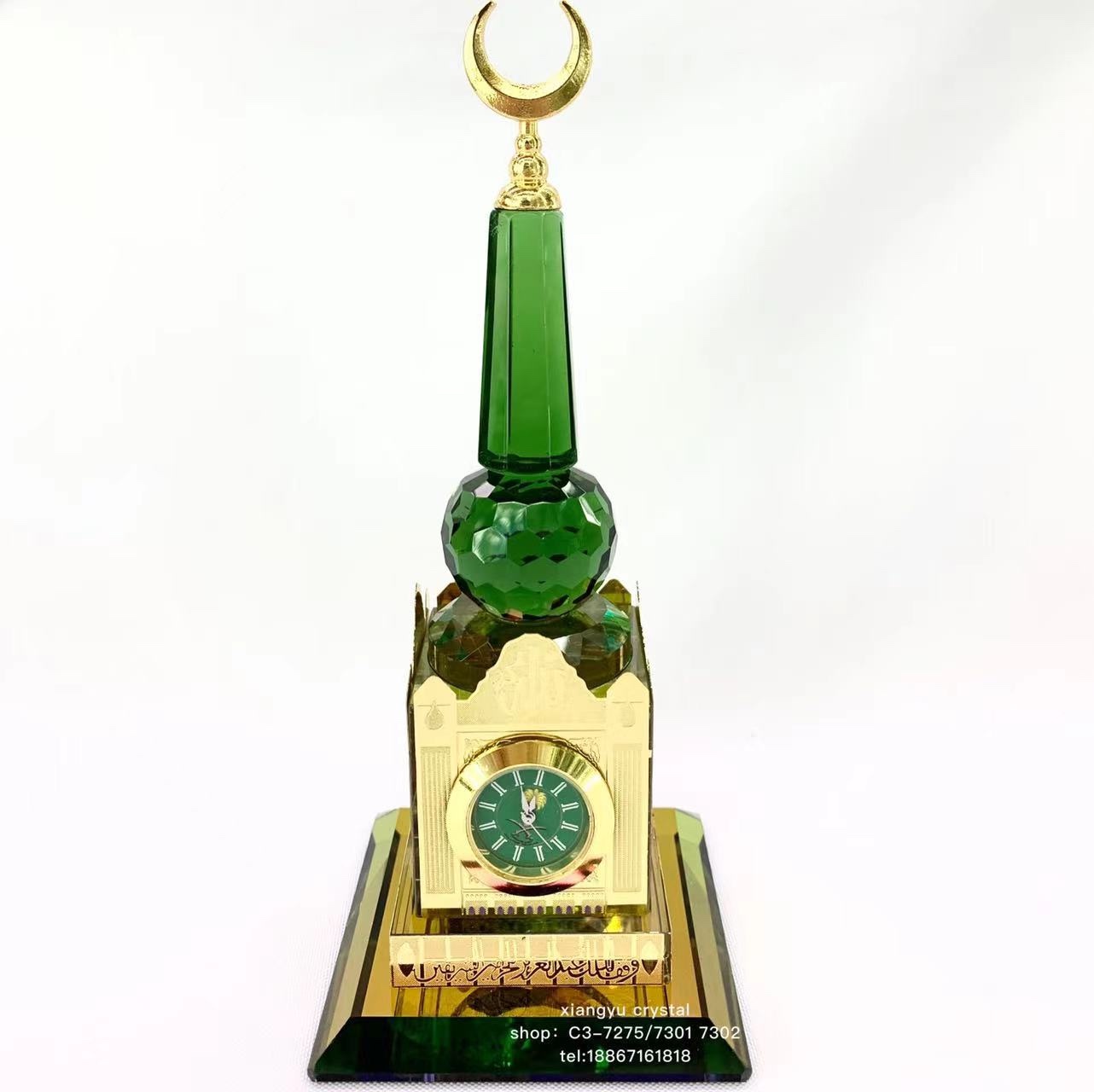 玻璃工艺品 玻璃摆件 创意设计 时尚潮流 穆斯林摆件 绿色的柱子加金属月牙杆子，金属贴片