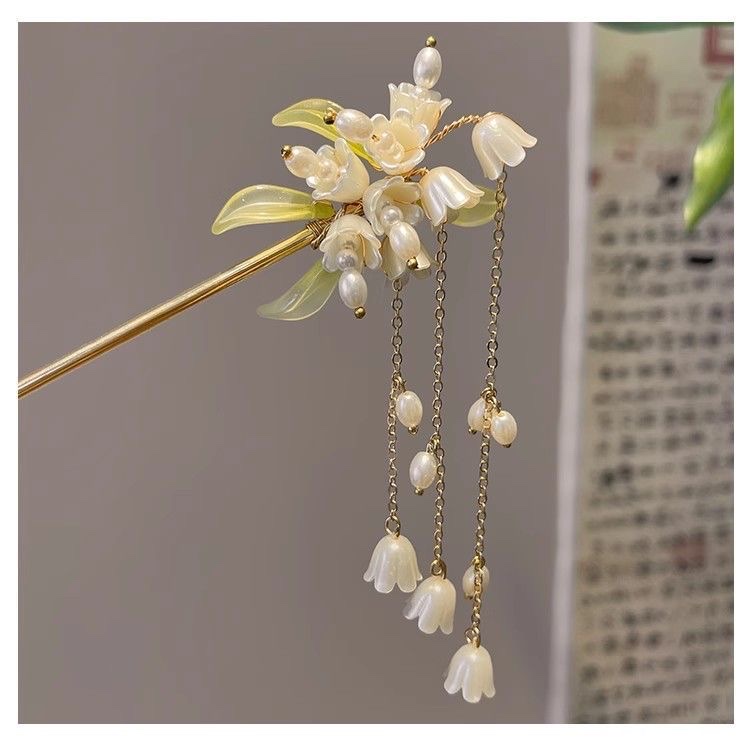 Lily of the valley hairpin, ancient-style hairpin, Hanfu headwear, women's cheongsam hairpin, tassel, pearl, metal hairpin, stepping jade hairpin