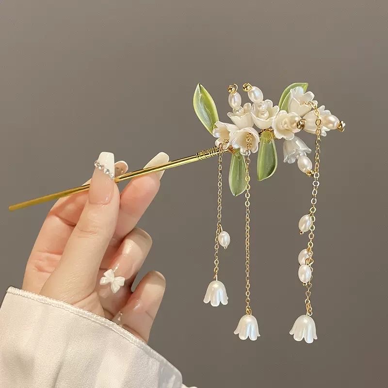 Lily of the valley hairpin, ancient-style hairpin, Hanfu headwear, women's cheongsam hairpin, tassel, pearl, metal hairpin, stepping jade hairpin details Picture