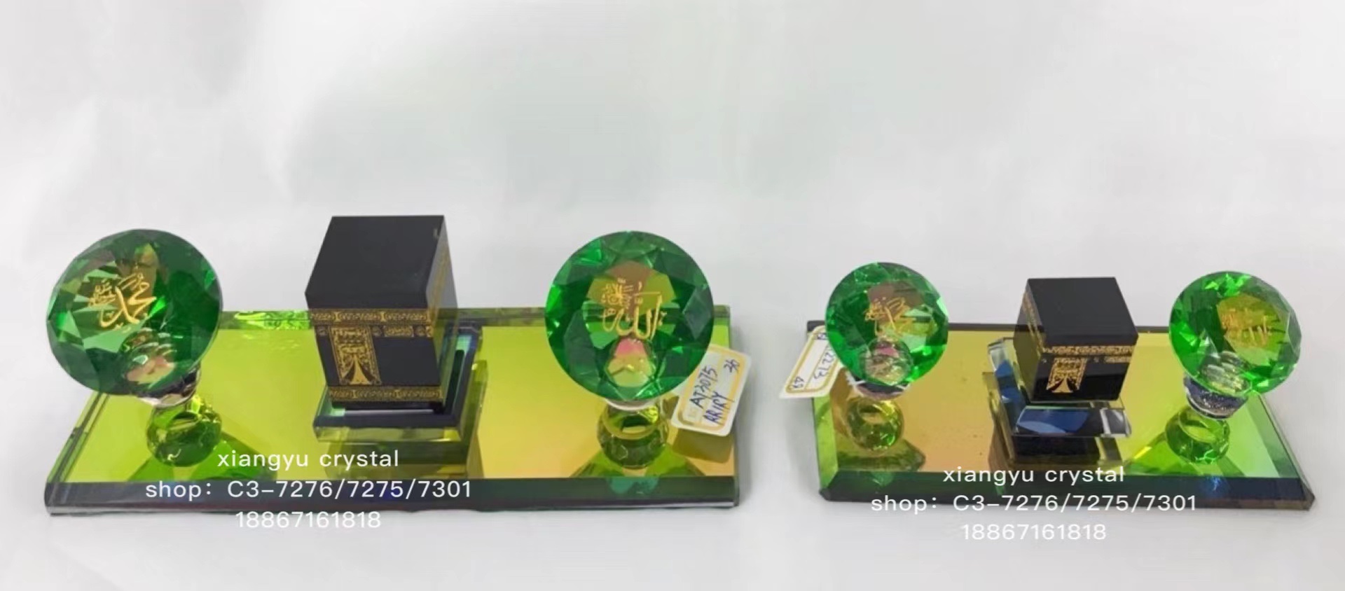 Crystal handicraft display piece, green base plate, a black house with two green diamonds, novel style