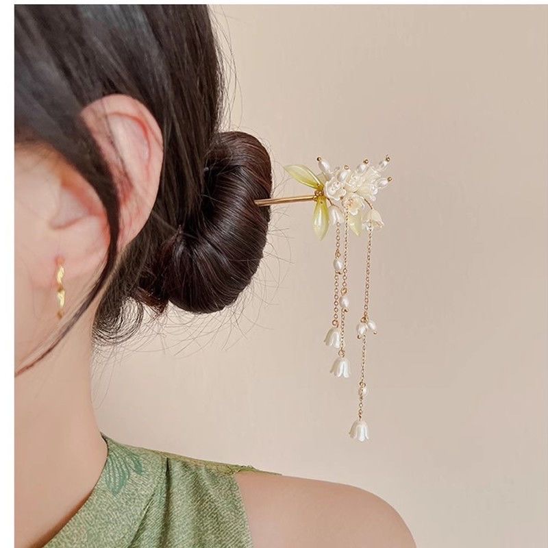 Lily of the valley hairpin, ancient-style hairpin, Hanfu headwear, women's cheongsam hairpin, tassel, pearl, metal hairpin, stepping jade hairpin Specification image
