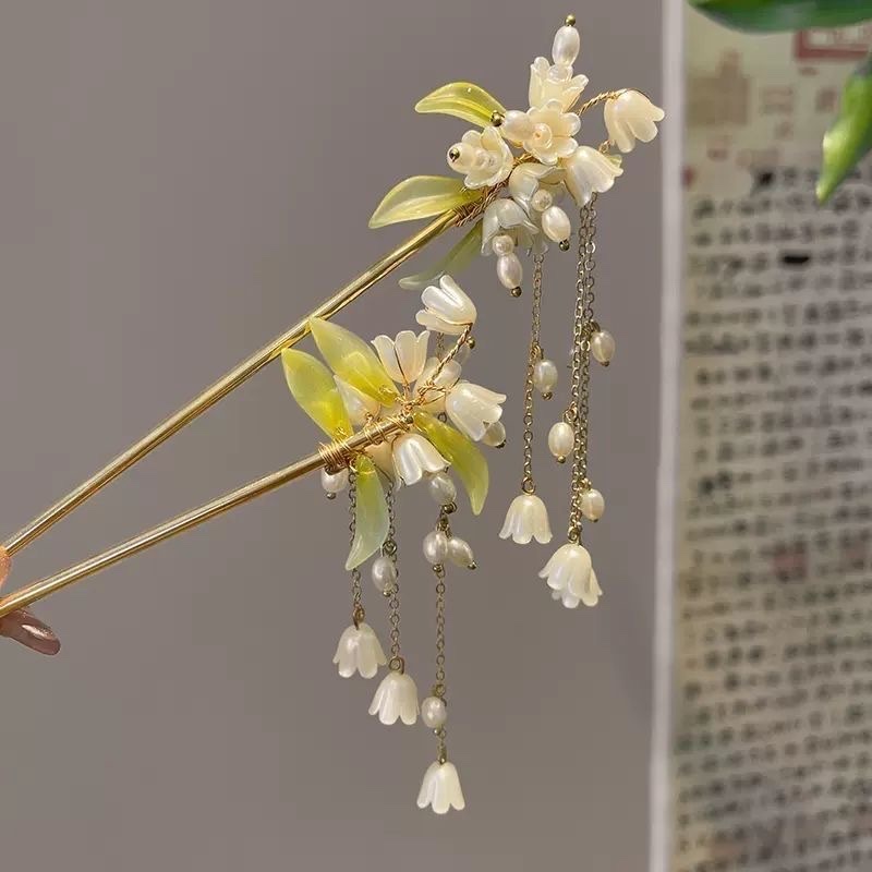Lily of the valley hairpin, ancient-style hairpin, Hanfu headwear, women's cheongsam hairpin, tassel, pearl, metal hairpin, stepping jade hairpin Item Picture