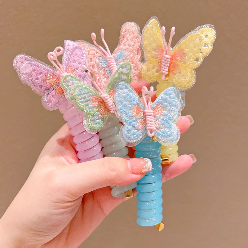 Children's curly butterfly telephone line hair band, girls' high ponytail hair tie, high elasticity and durable rubber band braid headwear Item Picture