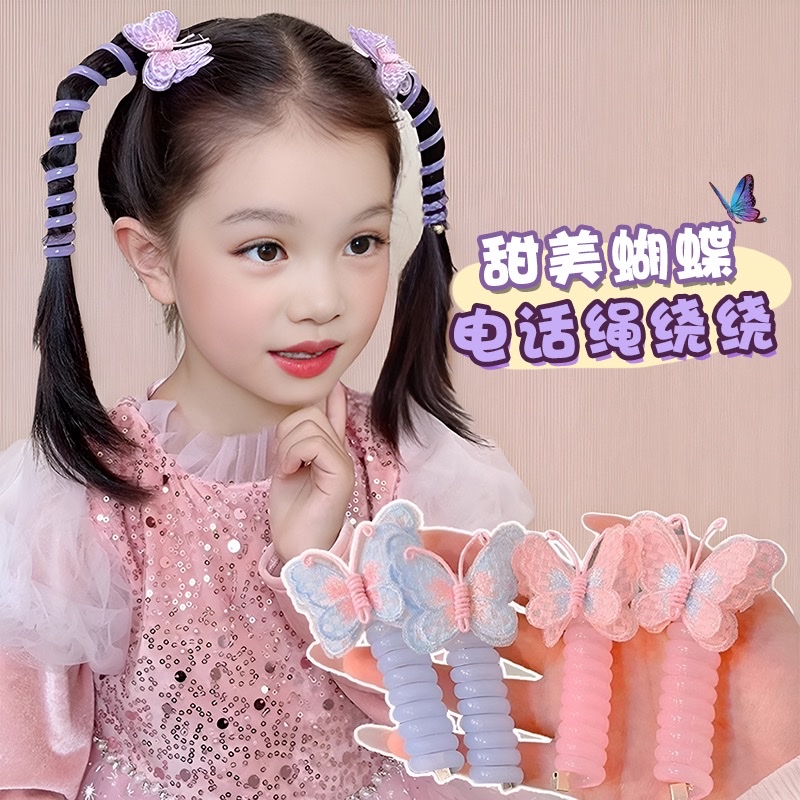 Children's curly butterfly telephone line hair band, girls' high ponytail hair tie, high elasticity and durable rubber band braid headwear Specification image