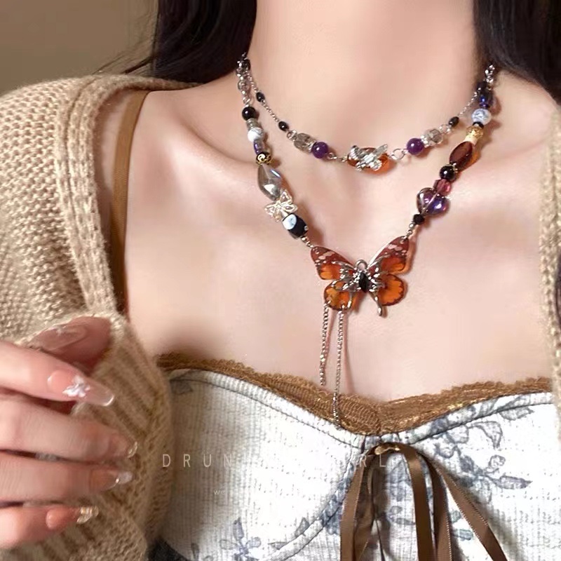 Maillard Butterfly Double-layer necklace for women, light luxury, niche and high-end sweater chain, personalized autumn and winter collarbone chain details Picture