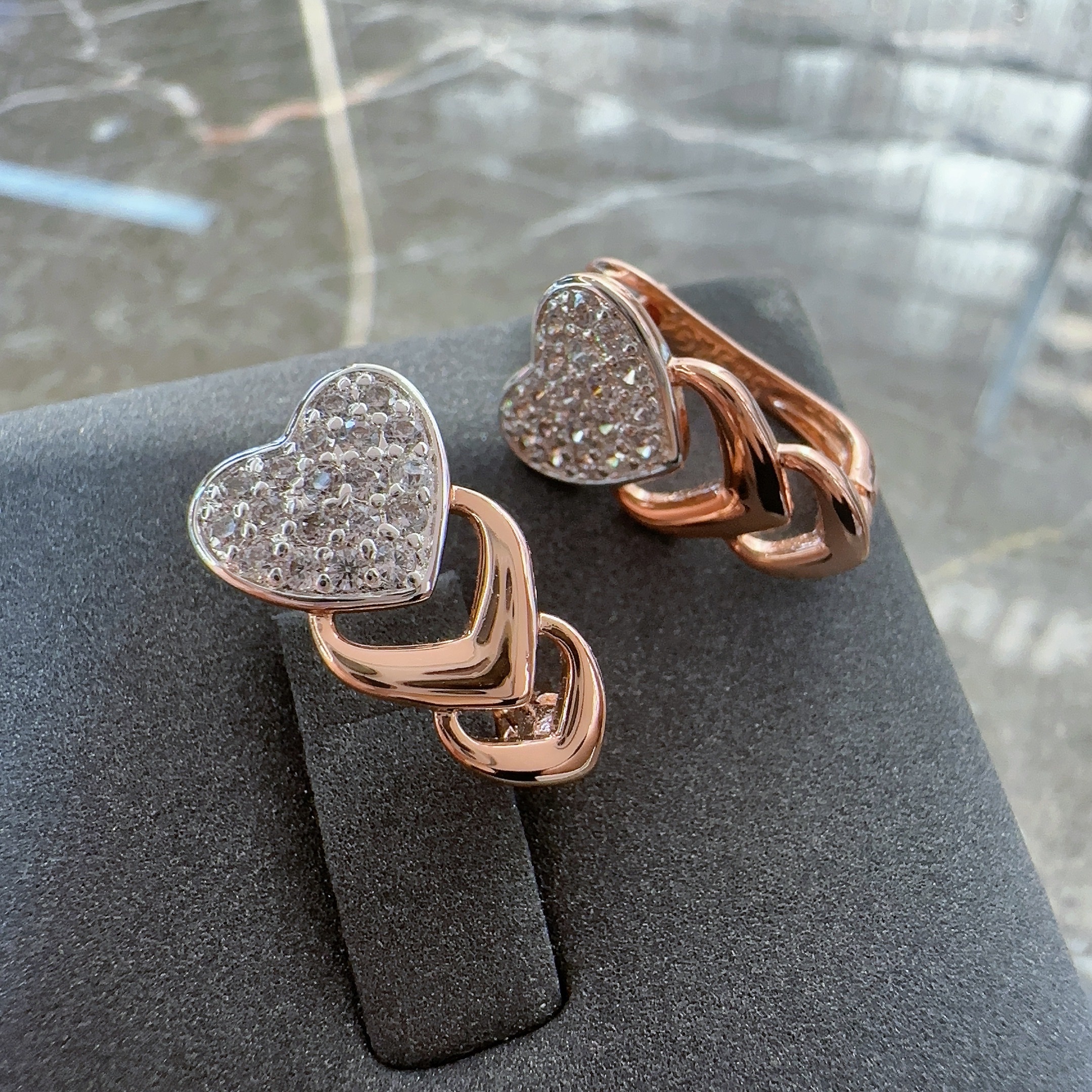 Gulkina Zircon earrings for women in gold and silver dual color 585 purple gold electroplated heart-shaped earrings factory wholesale European and American jewelry Zircon earrings factory direct sales detail image 3