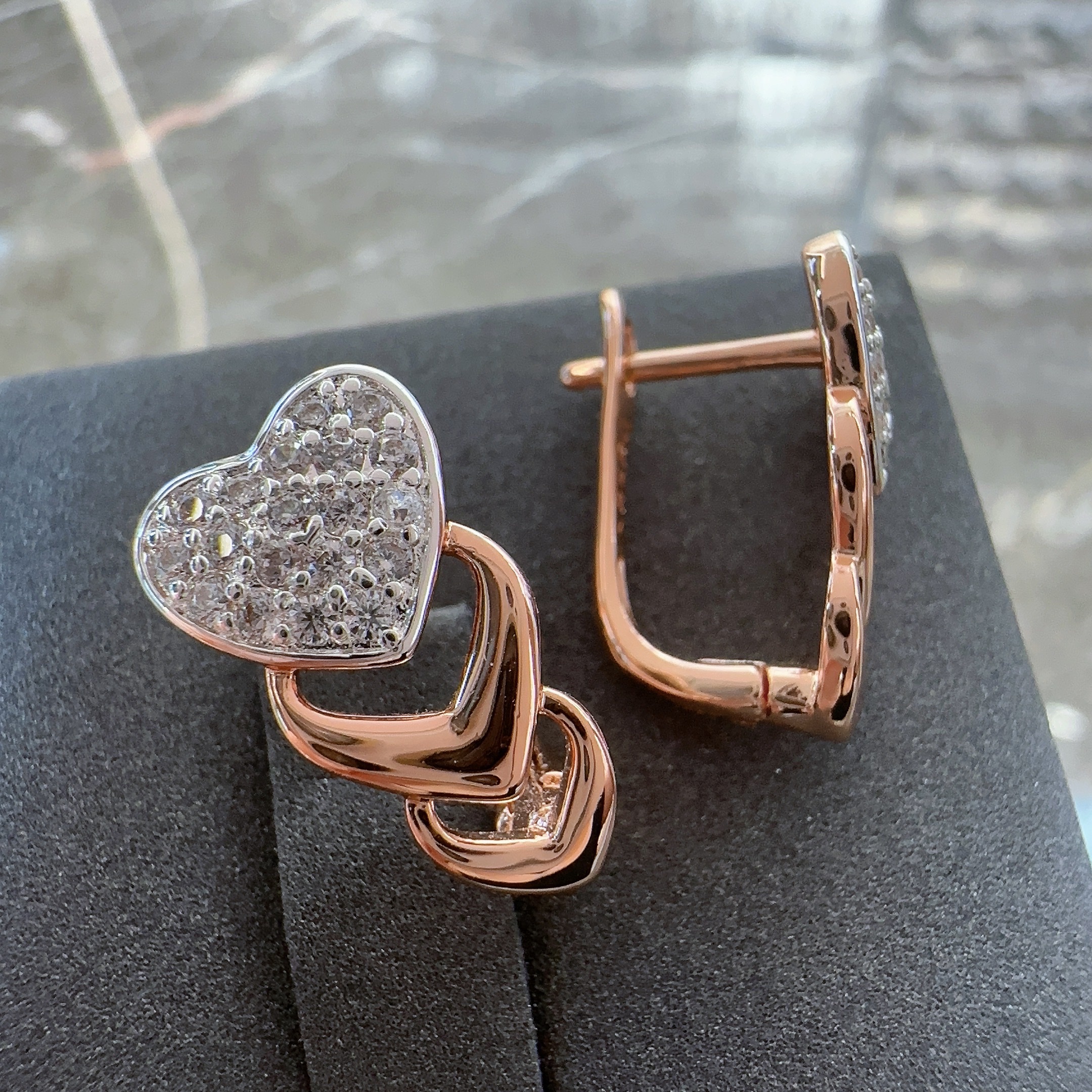 Gulkina Zircon earrings for women in gold and silver dual color 585 purple gold electroplated heart-shaped earrings factory wholesale European and American jewelry Zircon earrings factory direct sales detail image 2