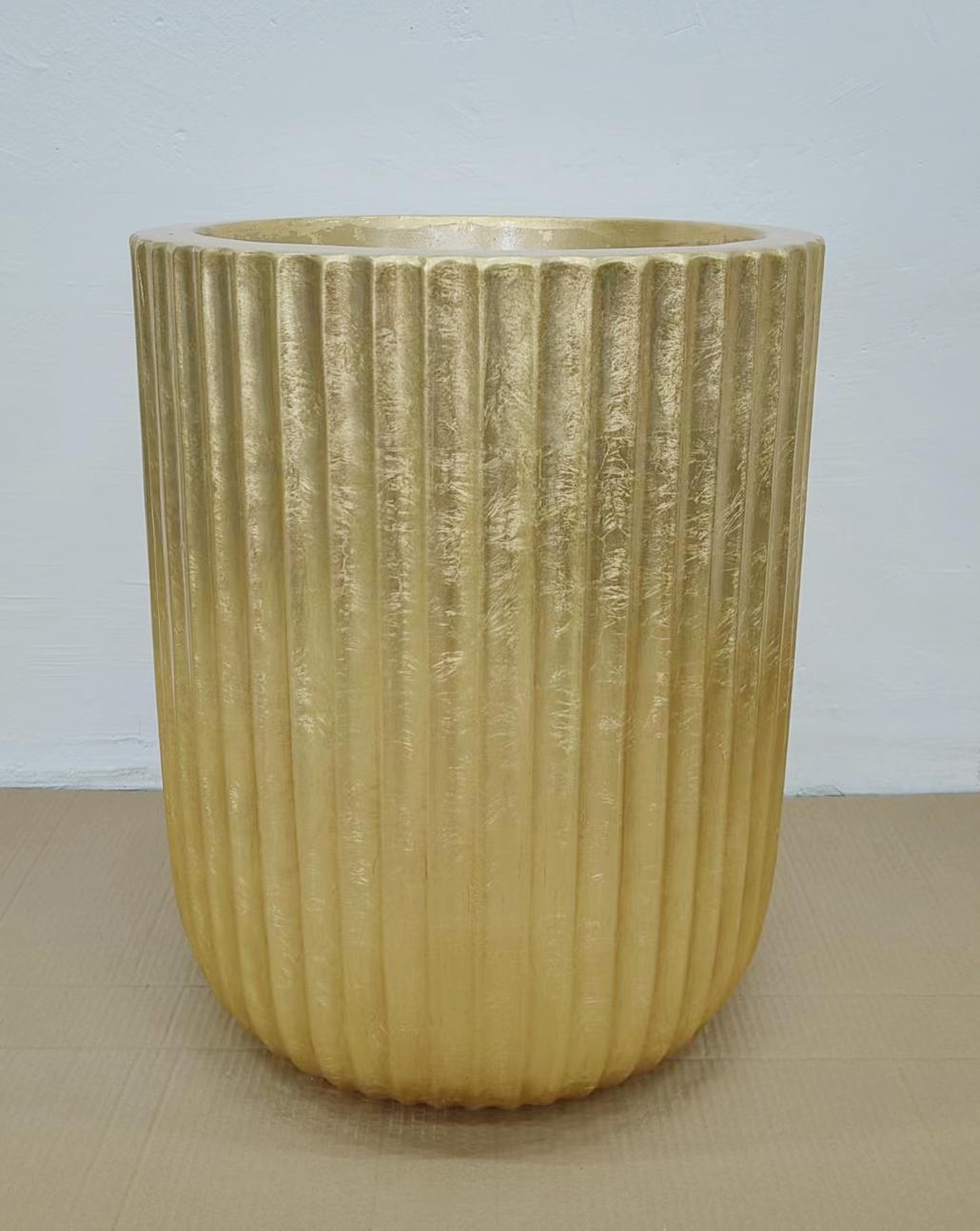 简约竖纹氧化镁花盆 金箔花瓶 花艺装饰 flower 艺术品 绿植插花器