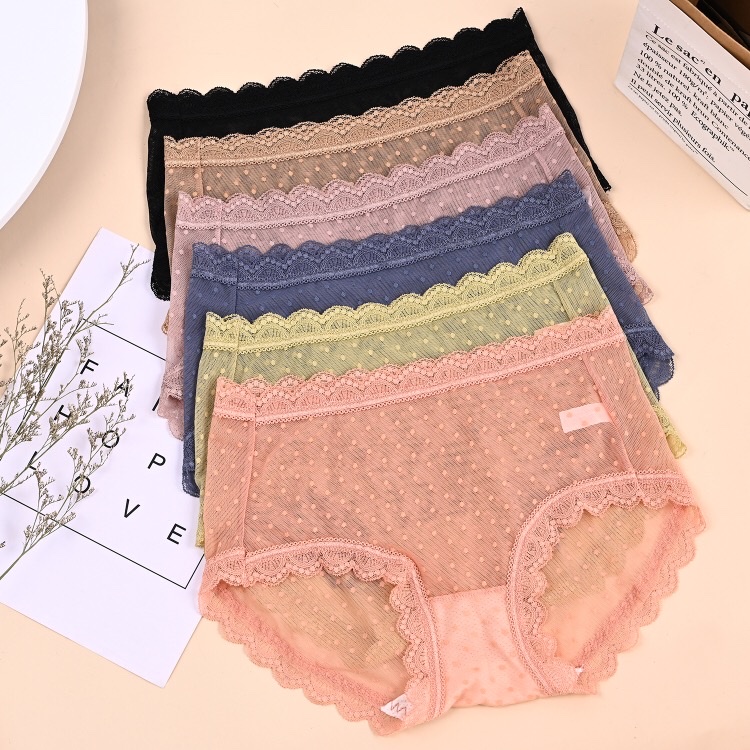 Solid Color Mid-Waist Lace Polka Dot Girls Underwear Sexy, Light And Comfortable No Feeling No Trace Women Briefs undefined