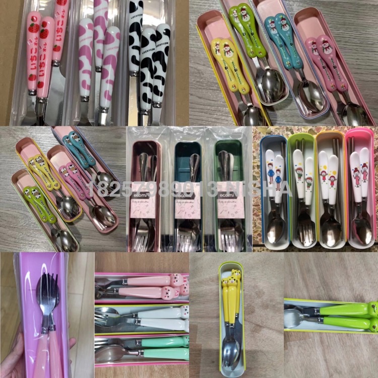 Portable three-piece tableware set Korean cheese stainless steel spoon chopsticks set tableware set cartoon tableware
