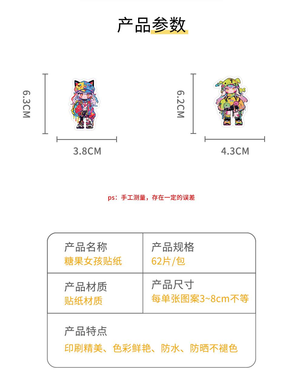 原创60张 糖果女孩贴纸 可爱 创意装饰笔记本，文具，手帐素材贴画 贴纸咕卡贴纸贴纸儿童卡通 detail image 2