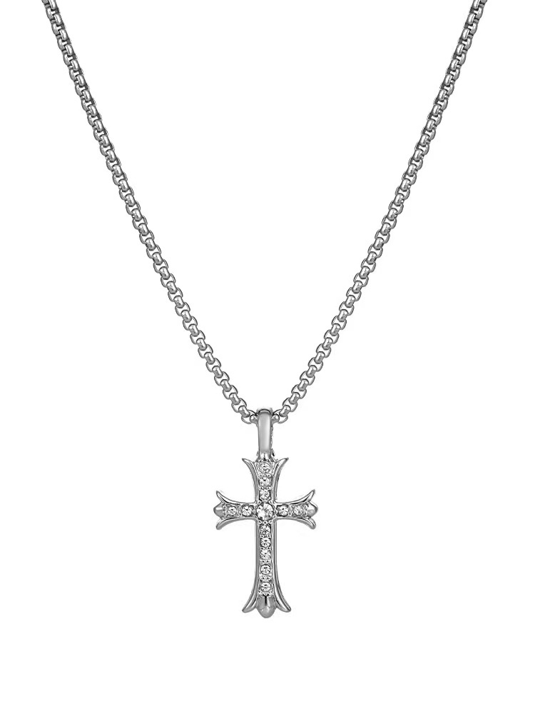 Factory direct sales, micro-inlaid cross hip-hop necklace, niche design sense, titanium steel non-fading street sweatshirt chain, internet-famous sweater chain detail image 1