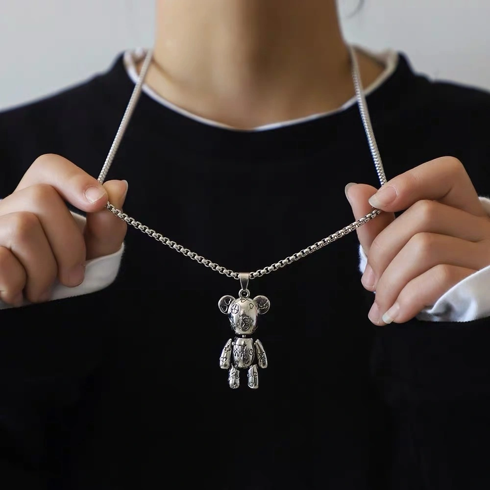 Factory direct sales of movable violent bear titanium steel necklace, hip-hop men's trendy punk couple sweater chain, women's niche hoodie pendant detail image 3
