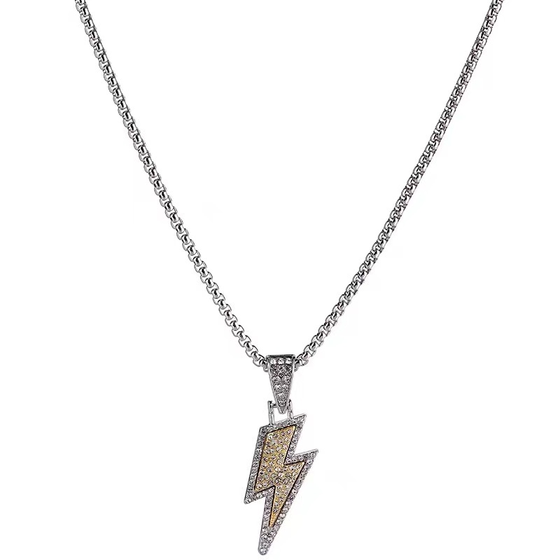 Factory direct sales of water diamond lightning pendant necklace, hoodie sweater chain, men's trendy brand, versatile men's chain accessories detail image 1