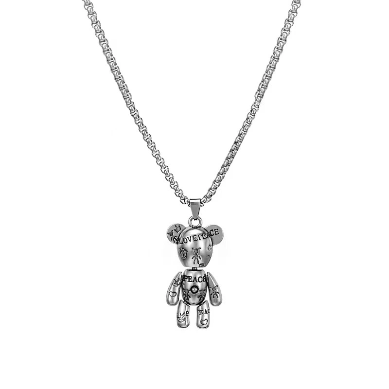 Factory direct sales of movable violent bear titanium steel necklace, hip-hop men's trendy punk couple sweater chain, women's niche hoodie pendant detail image 1