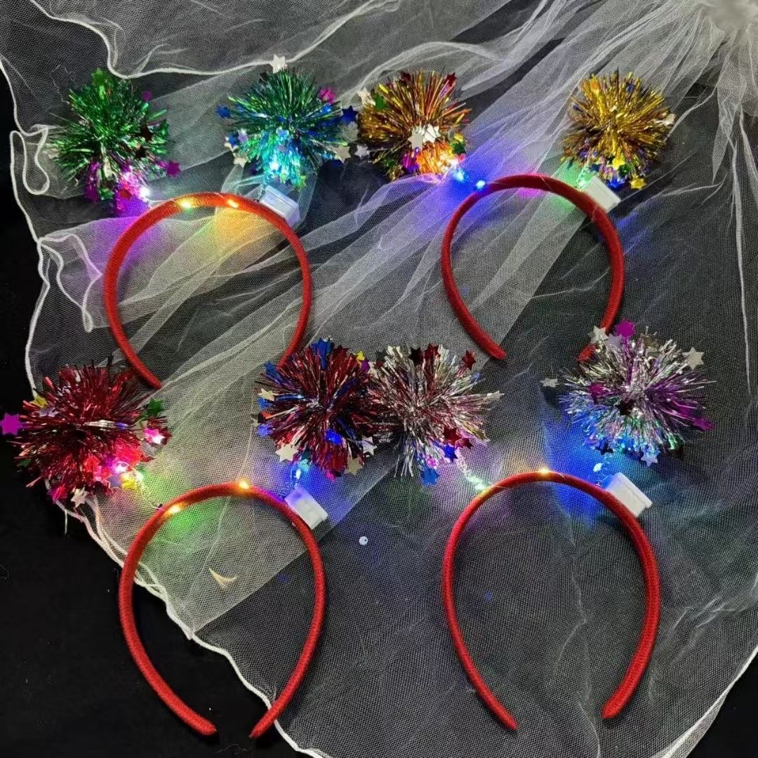 创意七彩亮丝球装饰发箍儿童个性节目表演头箍镭射拉花发饰品批发圣诞节金丝毛球发光头箍头扣发光玩具发光玩具儿童玩具儿童玩具