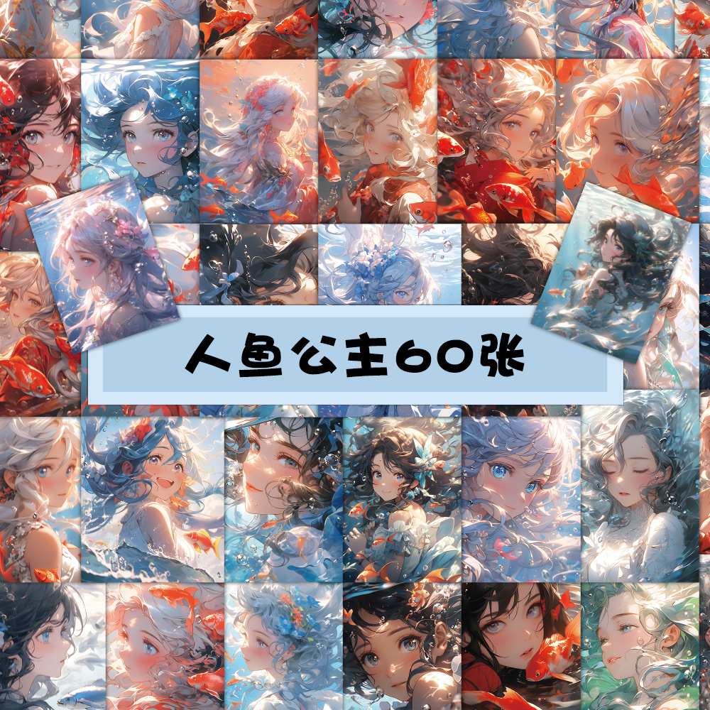 60张原创人鱼公主卡通高颜值仙气唯美装饰手机壳儿童贴画批发