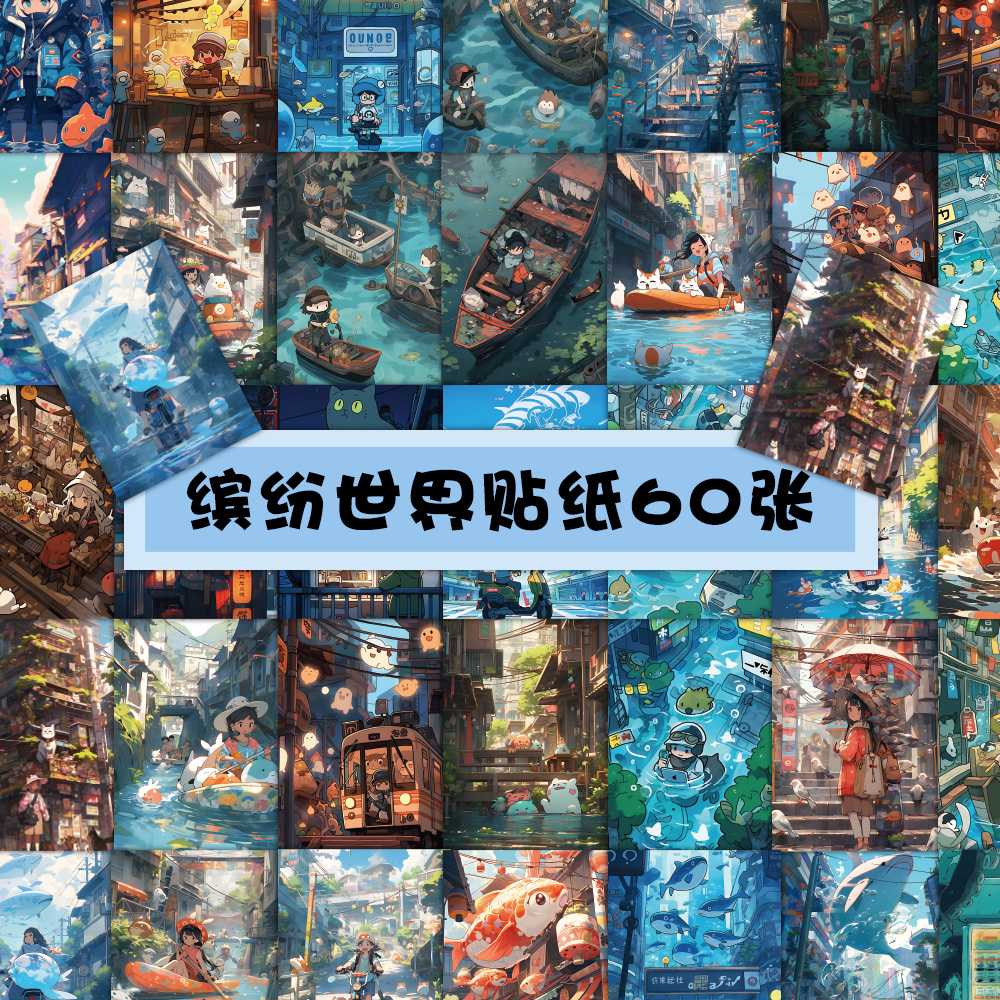 60张原创缤纷世界贴纸个性创意装饰行李箱笔记本手帐素材贴画批发