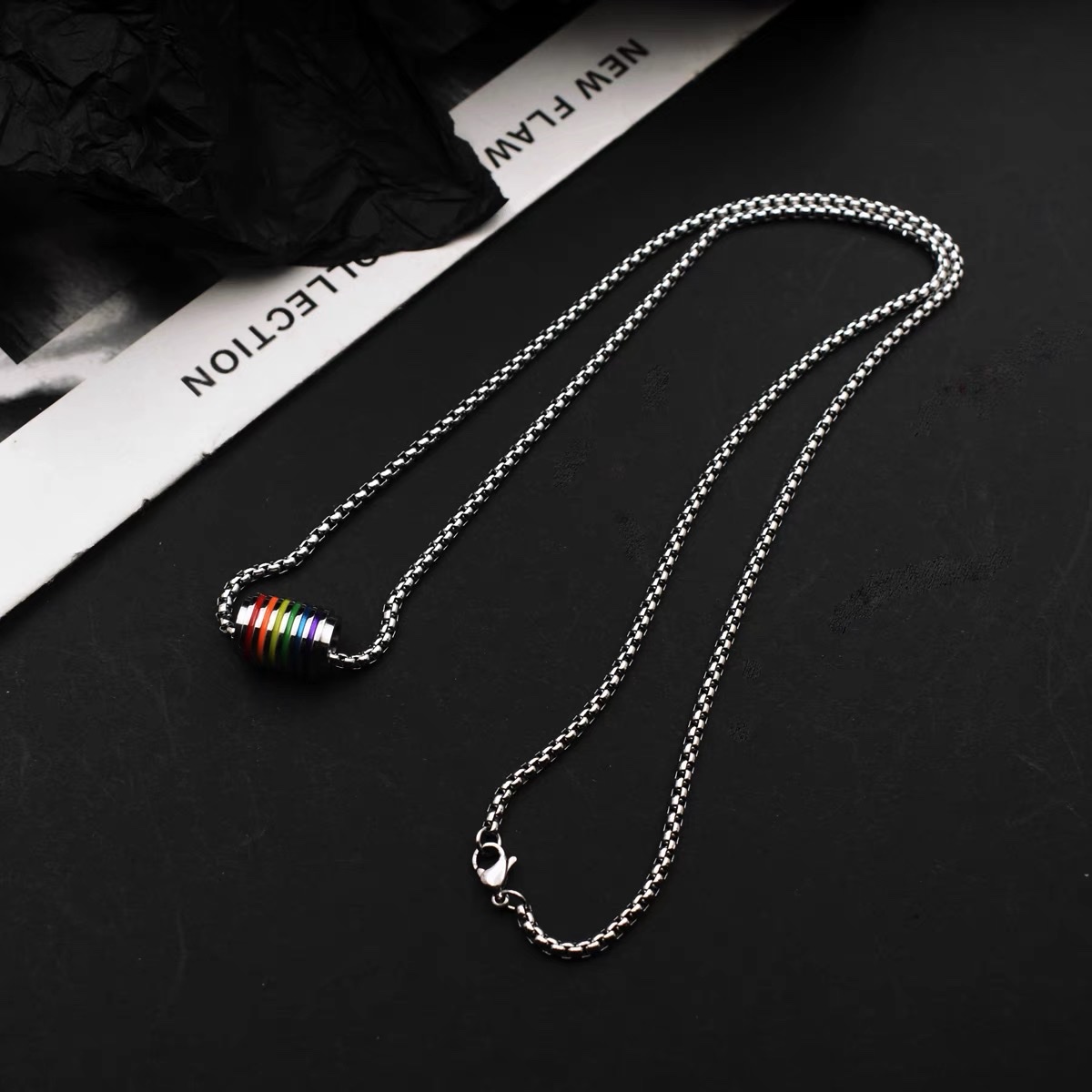 Factory direct sales Rainbow Little Waist pendant, long titanium steel necklace for men and women, non-fading sweater chain, high-end style, men's collarbone chain detail image 3