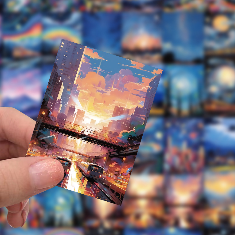 60张原创梦幻风景画贴纸ins风创意装饰笔记本文具手帐素材贴画产品图