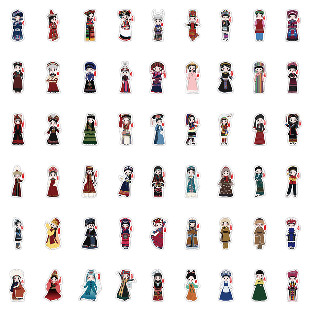 原创56个民族贴纸ins风卡通创意装饰笔记本文具手帐素材贴画批发白底实物图