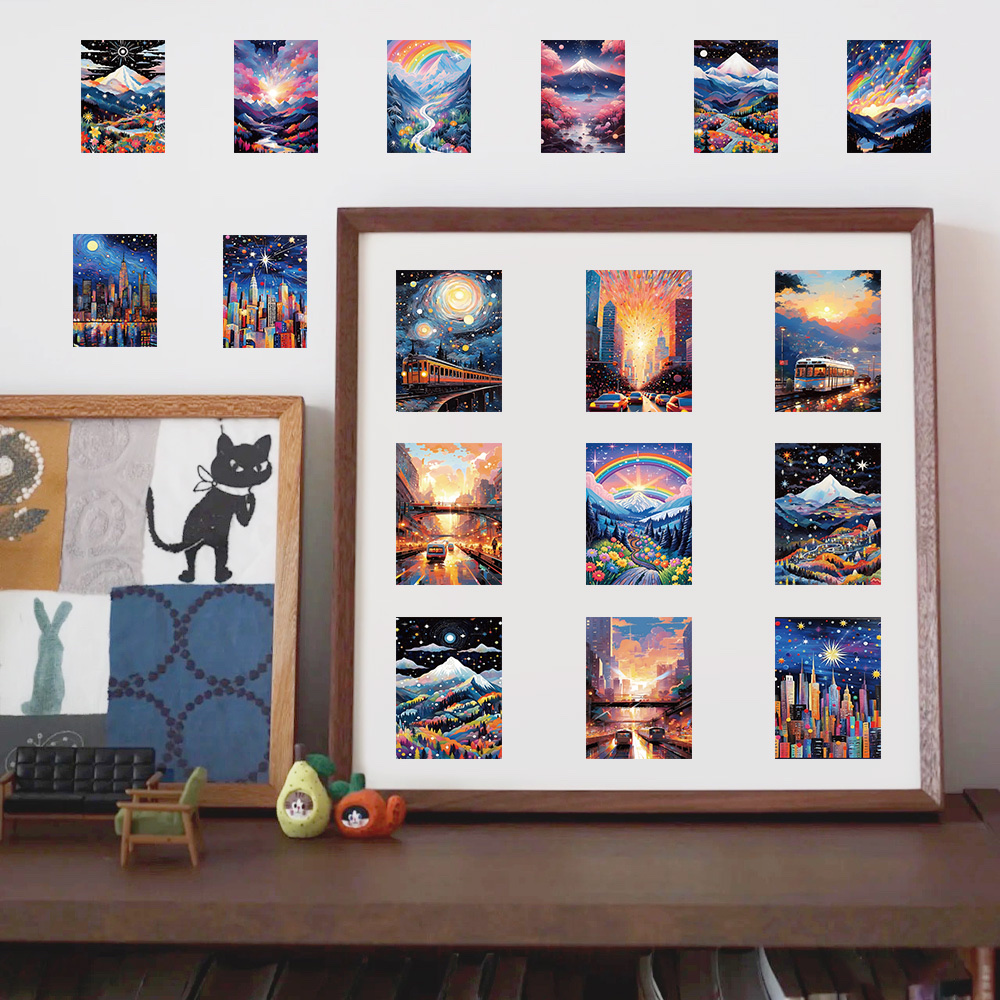 60张原创梦幻风景画贴纸ins风创意装饰笔记本文具手帐素材贴画细节图