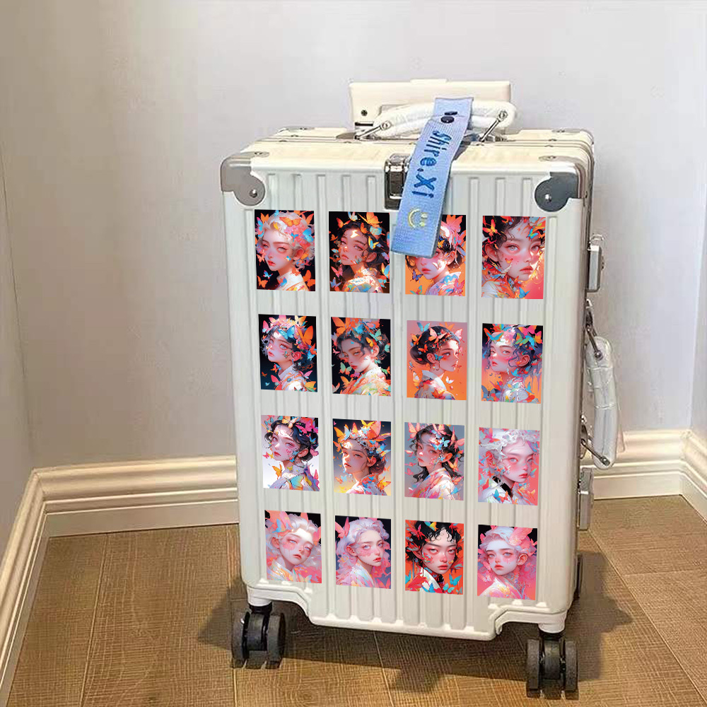 60张原创新款粉色系幻蝶艺术涂鸦贴纸装饰书桌笔记本冰箱行李箱细节图