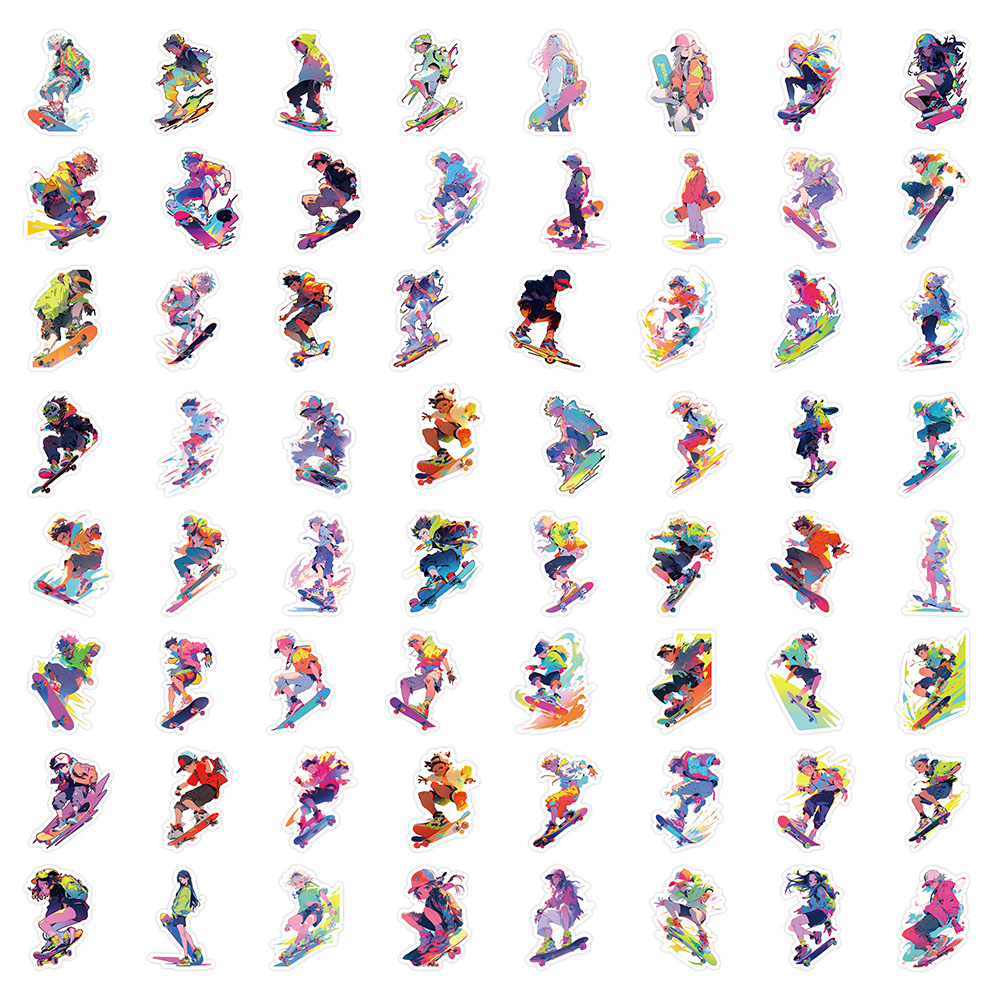 60张原创滑板少年贴纸街头滑板创意彩绘帅哥美女炫酷装饰小贴画白底实物图