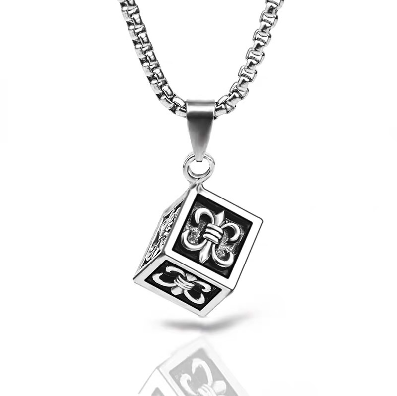 Factory direct sales of fashionable oil-dripping cast Crook Cube square trendy men's pendant, punk hip-hop versatile titanium steel necklace details Picture