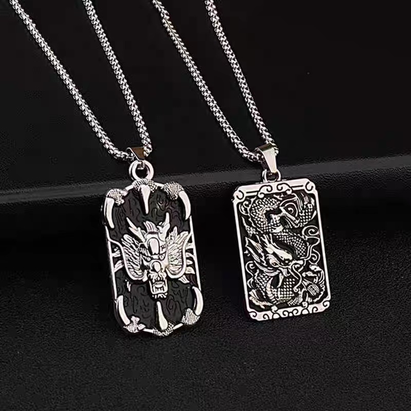 Factory direct sales of Chinese-style Fang brand dragon totem stainless steel necklace, men's retro and trendy, versatile, long sweater chain of the zodiac sign dragon detail image 1