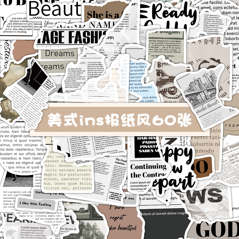60张原创美式ins报纸风贴纸欧美英文字DIY手帐素材贴画装饰笔记本电脑水杯行李箱贴纸
