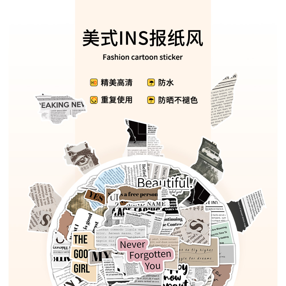 60张原创美式ins报纸风贴纸欧美英文字DIY手帐素材贴画装饰笔记本电脑水杯行李箱贴纸详情图1