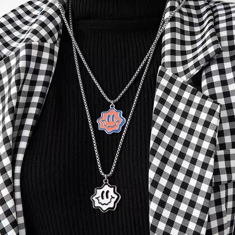 Factory direct sales of DUKATO's new original design cartoon smiley face pendant, double-color hip-hop couple titanium steel necklace detail image 2