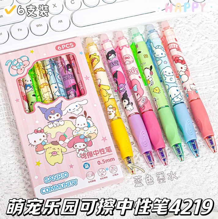 Sanrio Erasable Pen Blue Ink 6 Set Pens Writing Smooth St Head Pen Tip Pet Park Erasable Neutral Pen Pacha Dog Kulomi Meletti Upright Pen Grip details Picture