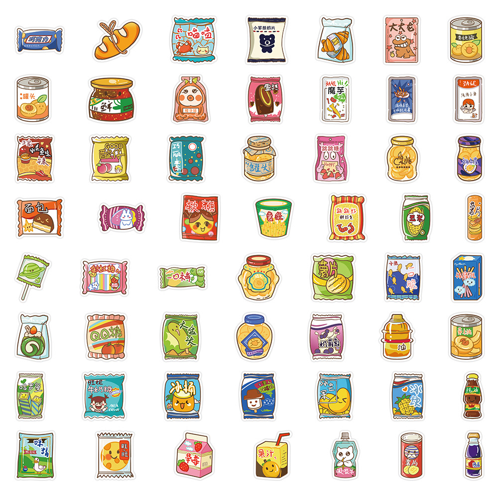 60张原创零食贴纸DIY手帐素材贴纸装饰冰箱电脑笔记本行李箱水杯贴画批发白底实物图