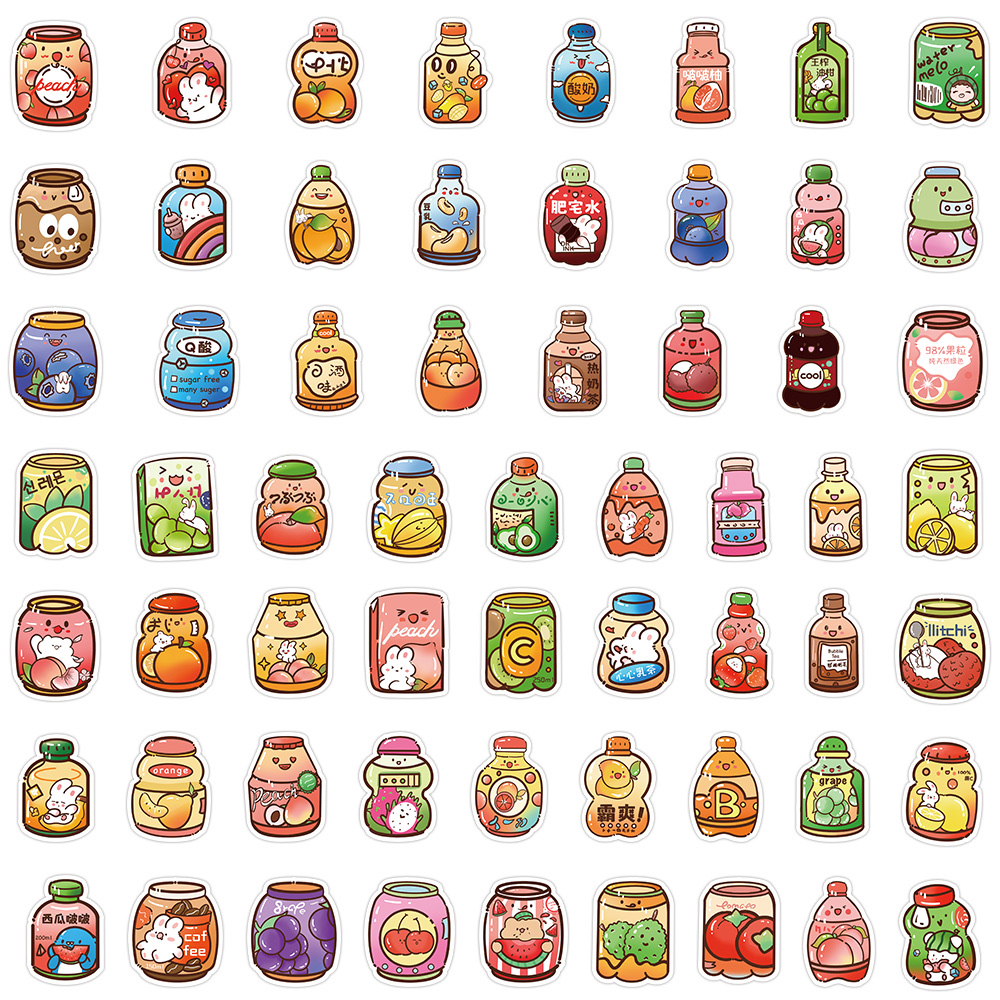 60张原创饮料贴纸贴纸DIY手帐素材贴纸装饰冰箱电脑笔记本行李箱水杯贴画批发白底实物图