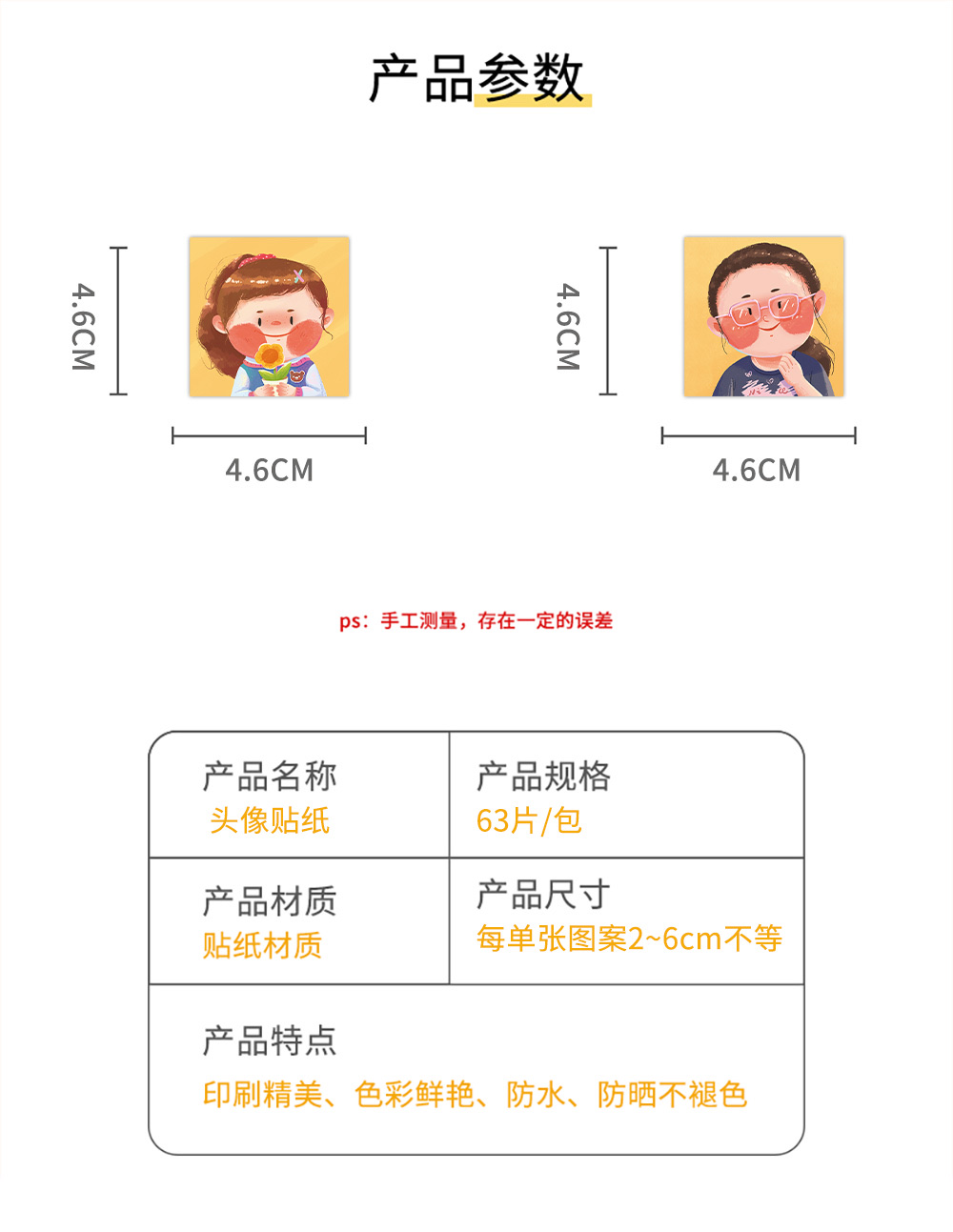 60张原创卡通头像贴纸DIY手帐素材贴纸装饰冰箱电脑笔记本行李箱水杯贴画批发详情图2