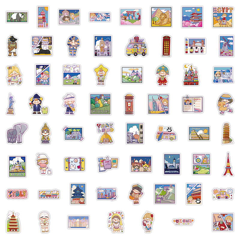 60张原创旅行日记贴纸DIY手帐素材贴纸装饰冰箱电脑笔记本行李箱水杯贴画批发白底实物图