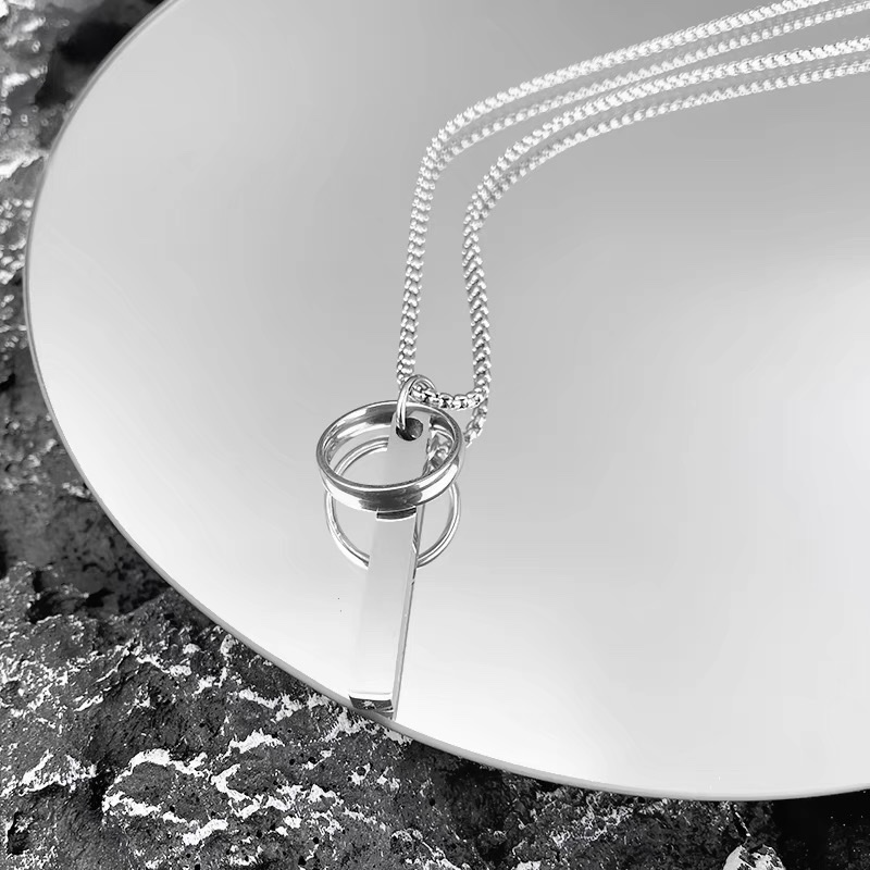 Factory direct sales titanium steel square bar circular necklace, men's trendy brand, non-fading, versatile European and American hip-hop hoodie chain, women's accessory details Picture