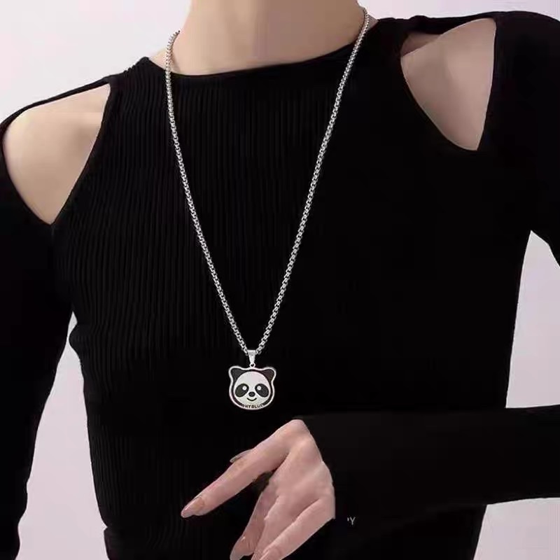 Factory direct sale Panda necklace for women, with a unique design sense, fashionable titanium steel that doesn't fade, new trendy and cool sweater T-shirt, hip-hop men's necklace Specification image