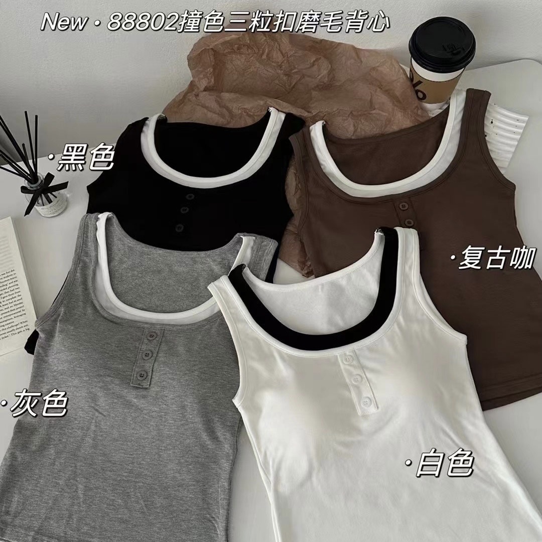 The United States Empire 88802 Color Three Button Round Neck Vest For Women Latex Fixed Coaster Frosted Thermal Underwear Vest Fashion Matching Color Slim-Fit Base Vest Item Picture