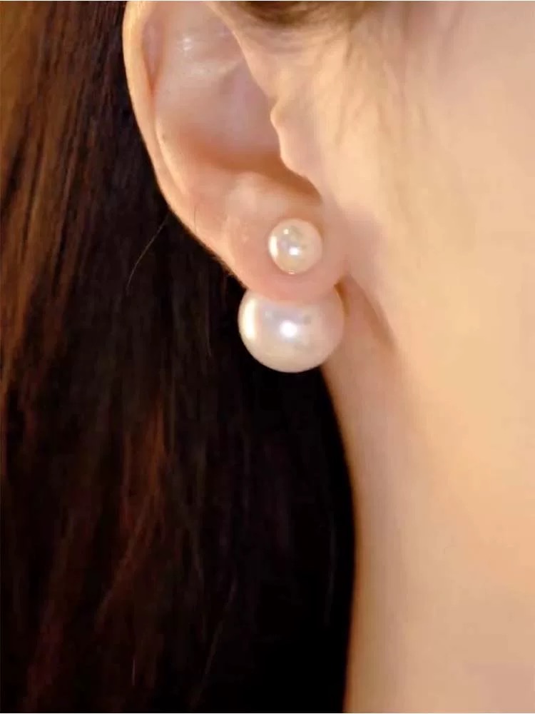 Silver needle stud earrings for women, front and back large pearl earrings, a popular French versatile bestseller, new Spring/Summer 2024 accessory, long and elegant for women detail image 1