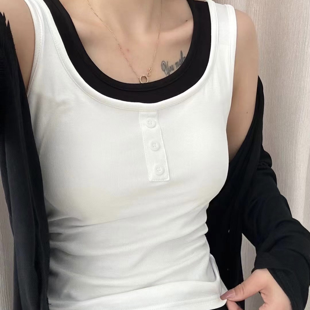 The United States Empire 88802 Color Three Button Round Neck Vest For Women Latex Fixed Coaster Frosted Thermal Underwear Vest Fashion Matching Color Slim-Fit Base Vest