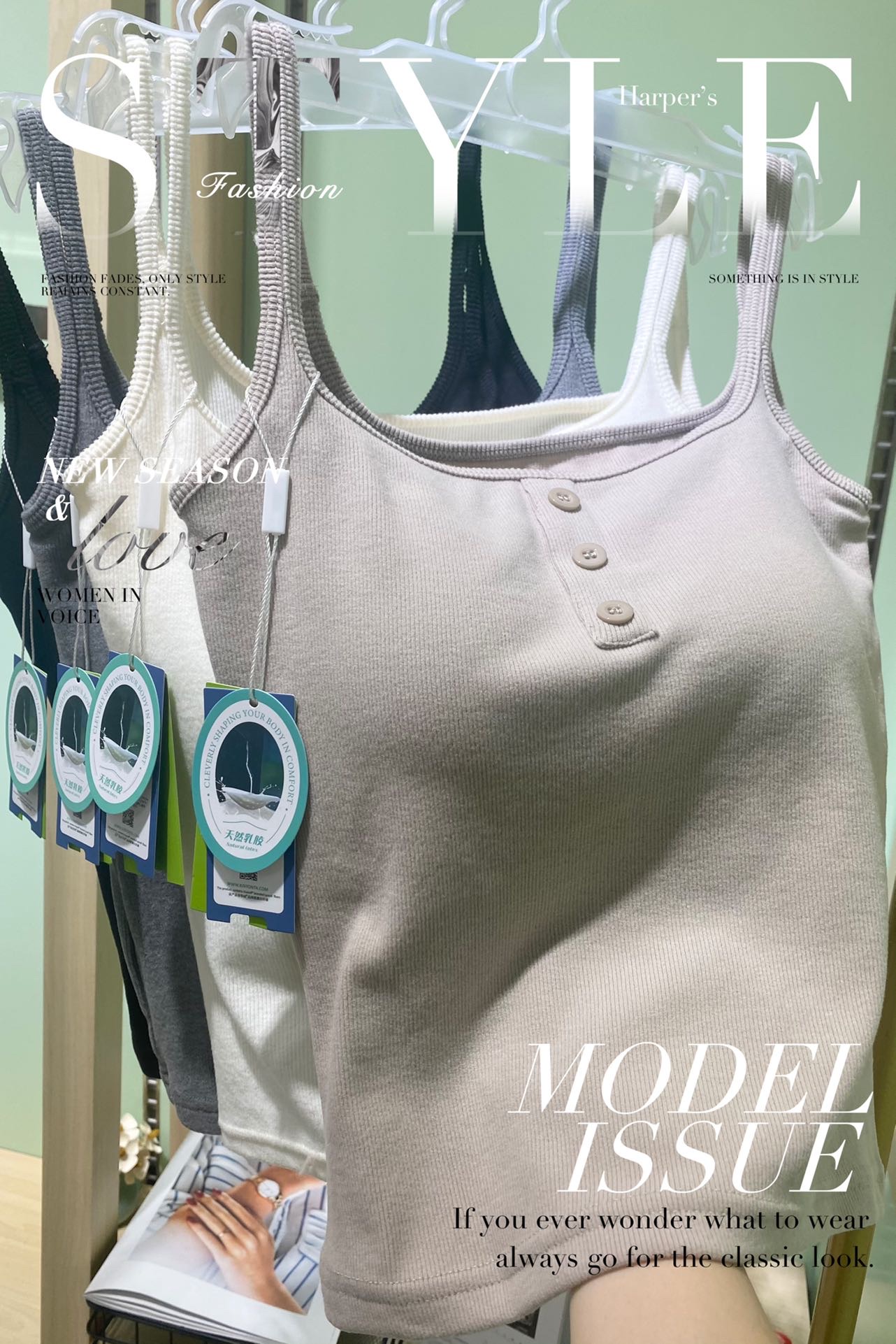 American Empire 88811 Three-Button Square Collar Frosted Vest Fashion Square Collar Latex Pad Fixed Cup Women's Thermal Underwear Vest Base undefined