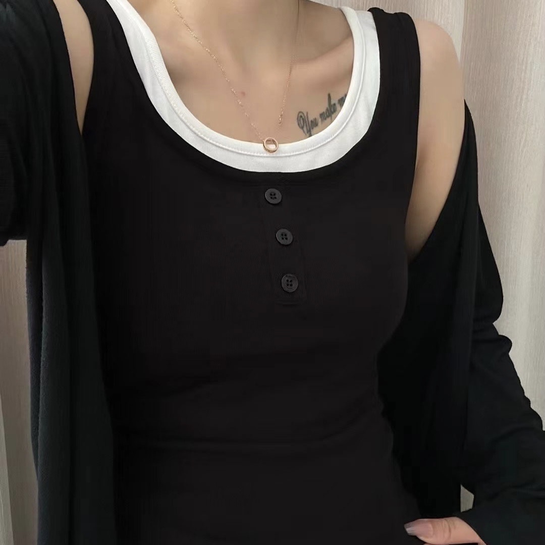 The United States Empire 88802 Color Three Button Round Neck Vest For Women Latex Fixed Coaster Frosted Thermal Underwear Vest Fashion Matching Color Slim-Fit Base Vest details Picture